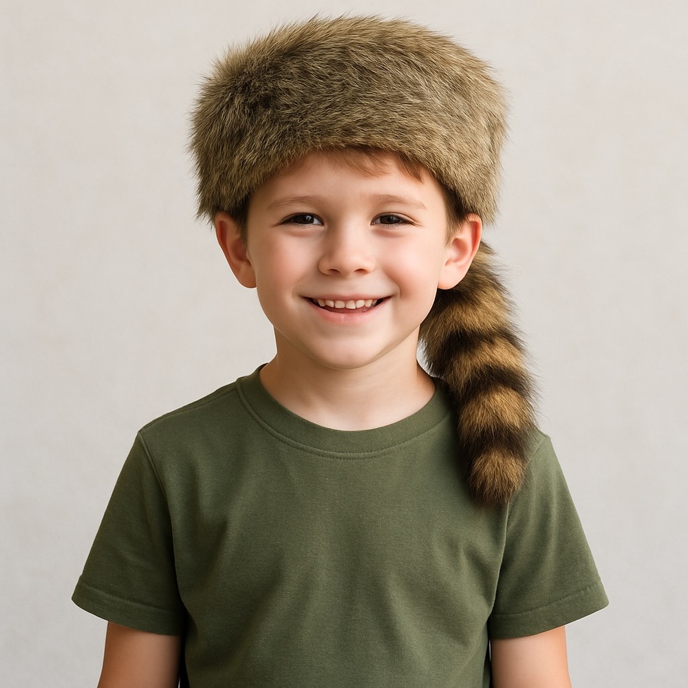 Vintage Raccoon Faux Fur Daniel Boone Hat with Real Fur Tail GUC